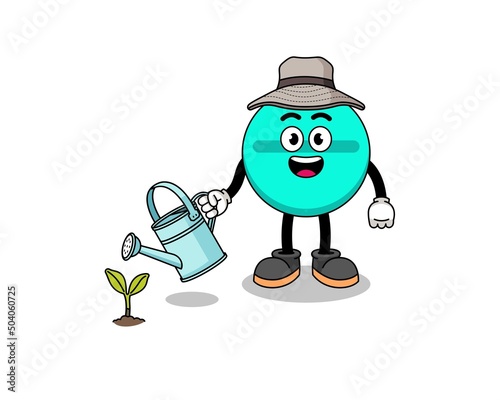 Illustration of medicine tablet cartoon watering the plant