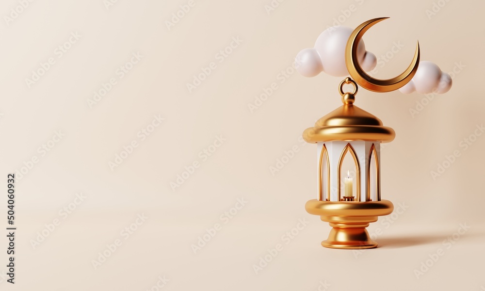 Isalamic lantern with crescent moon and minimal lowpoly cloud on coral color background. Ramadan Kareem and Eid Mubarak concept. 3D illustration rendering