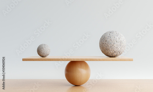 Wooden scale balancing with one big ball and one small ball. Harmony and balance concept. 3D illustration rendering