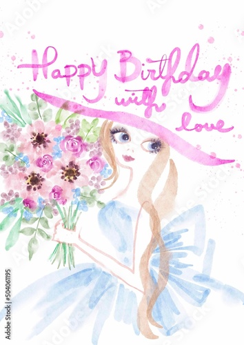 Happy Birthday Handpainted watercolor frame with blooming flowers and girl illustration