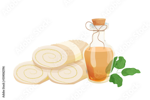 Spa treatment rolled towel lying in stack, sandal oil in glass bottle in cartoon style isolated on white background, Beauty procedure