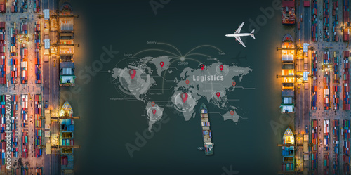 Aerial view and top view cargo plane flying above ship port in the export and import business and Smart logistics international goods. Shipping cargo to harbor by crane