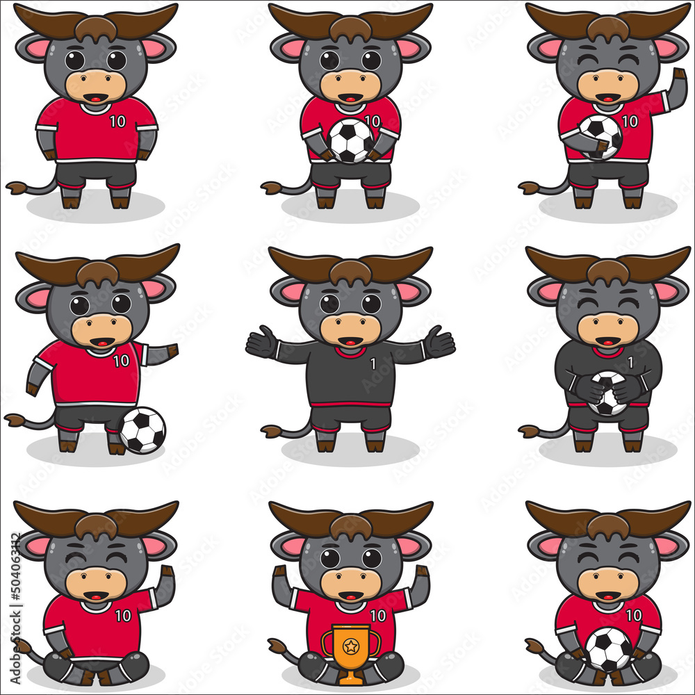 Vector illustration of Buffalo characters playing soccer. Cute Buffalo mascot playing football. Vector illustration bundle. Vector illustration of Buffalo characters playing soccer. Cute Buffalo mascot playing football. Vector illustration bundle.