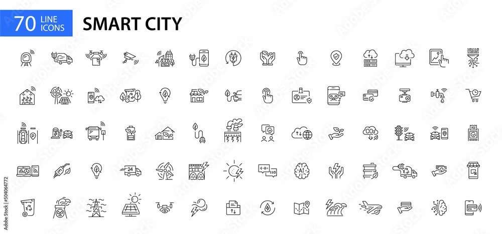 Smart sustainable city icons set. 70 line art pixel perfect editable stroke icons