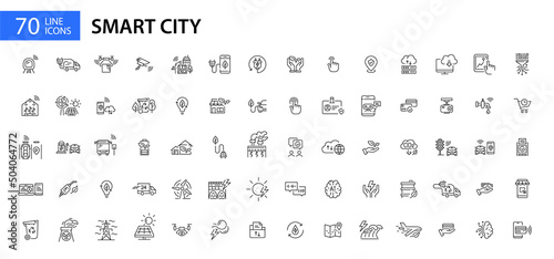 Smart sustainable city icons set. 70 line art pixel perfect editable stroke icons