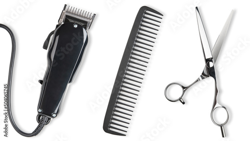 Scissors, Comb, Hair clipper. Professional barber hair clipper and shears for Man haircut. Hairdresser salon equipment. Premium hairdressing Accessories. Top view flat lay isolated on white background