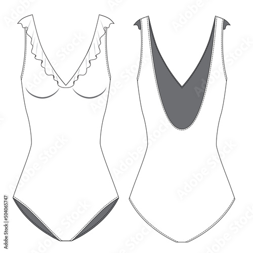 Sexy swim wear, v-neckline with ruffle, fashion flat template. Fashion technical illustration for communication in garment production unit.