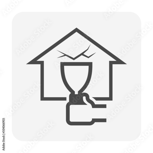 Concrete wall crack and repair, fix vector icon. Include hand of worker or professional, trowel may called spatula putty knife or scraper. To plaster by cement, filler, epoxy for home house building.