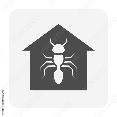 Ant inside home house or kitchen vector icon. Pest, insect problem to infestation, invasion at indoor. Need cleaning, control, repellent, rid by bug killer spray, ant colony insecticide, pesticide.
 photo