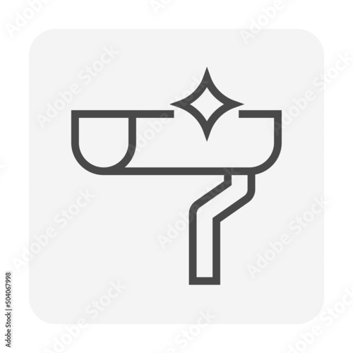 Rain gutter or eavestrough clean, cleanup vector icon. Include pipe or downpipe, downspout. To service by cleaning for roof drainage system. Part at exterior home house building. Editable stroke.
