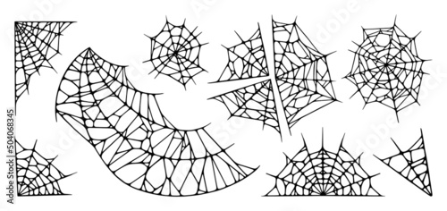 Spider web set isolated on white background. Outline Halloween cobwebs. Handrawn vector illustration