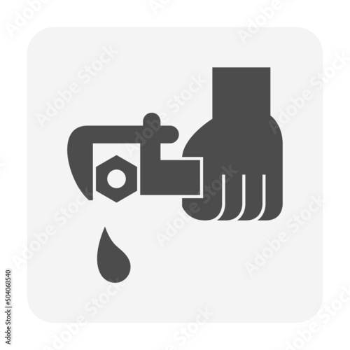 Water leak vector icon. Drip at loose nut, lid, cap, plug or stopper. At end pipe, drain hole of tank. To fix, repair or adjust by lock, torque. Include hand plumber, wrench tool for tight, tightener. photo