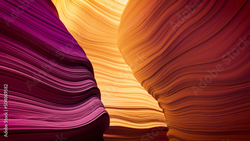 3D Rendered Cave with Pink and Yellow Undulating Forms. photo
