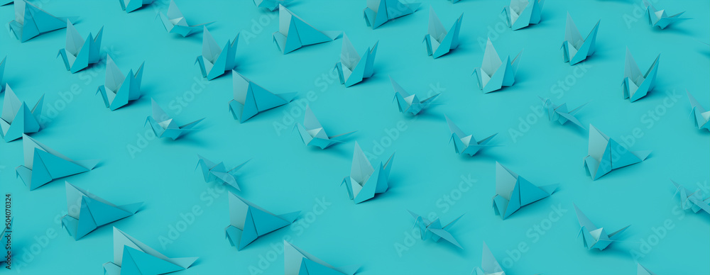 Birds made from folded Turquoise paper against Turquoise background. Origami concept Banner. Birds made from folded Turquoise paper against Turquoise background. Origami concept Banner.