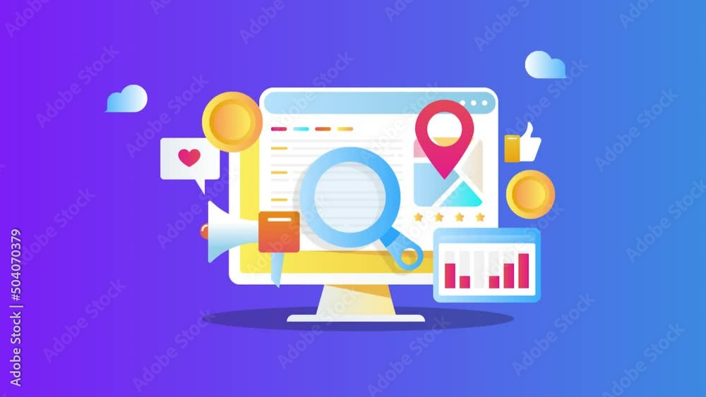 Digital marketing concept represents SEO marketing, social media, Search advertising and business  data analytics - 2d animation 4k video clip.