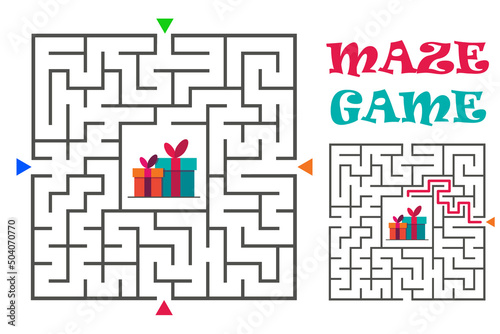 Square maze labyrinth game for kids. Logic conundrum. Four entrance and one right way to go. Vector flat illustration