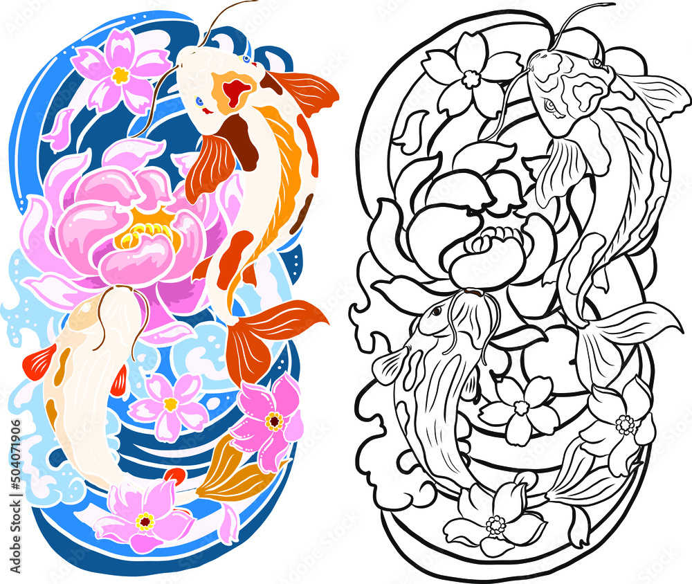 Fototapeta premium Koi carp for printing on background.Chinese cloud with tattoo background set.Japanese tattoo background.