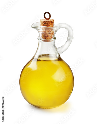 Olive oil in a bottle on white background. Oil jar isolated.