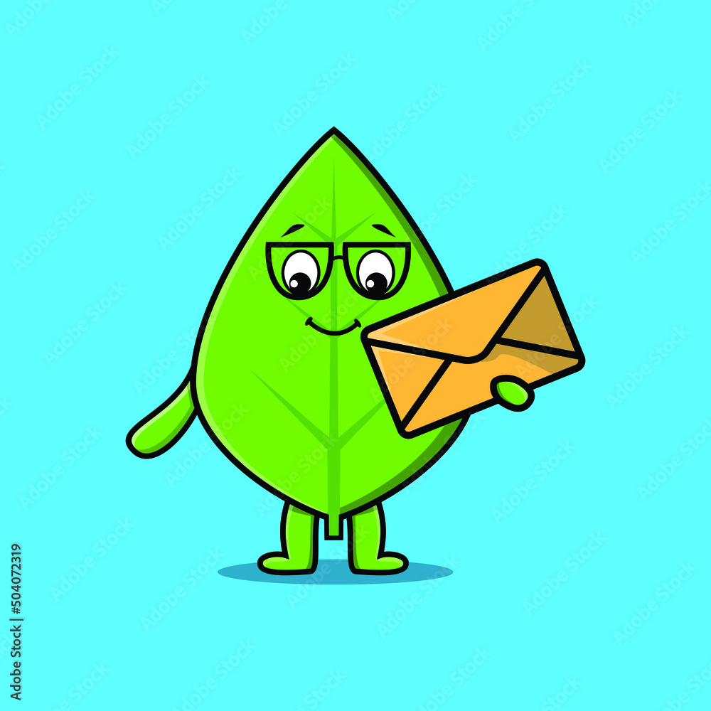 Cute cartoon green leaf holding envelope with cartoon vector illustration style Cute cartoon green leaf holding envelope with cartoon vector illustration style