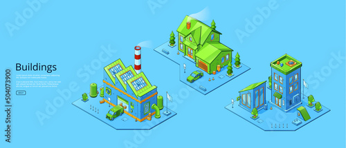 Buildings banner with isometric fabric, house and store. Vector poster of urban architecture with exterior of residential, business and industrial buildings, cottage, warehouse and office