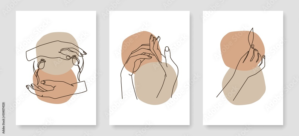 Hands One Line Drawing Prints Set. Hands Creative Contemporary Abstract Line Drawing. Modern Beauty Fashion Wall Art. Vector Minimalist Design for Wall Art, Print, Card, Poster.