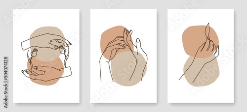 Hands One Line Drawing Prints Set. Hands Creative Contemporary Abstract Line Drawing. Modern Beauty Fashion Wall Art. Vector Minimalist Design for Wall Art, Print, Card, Poster.