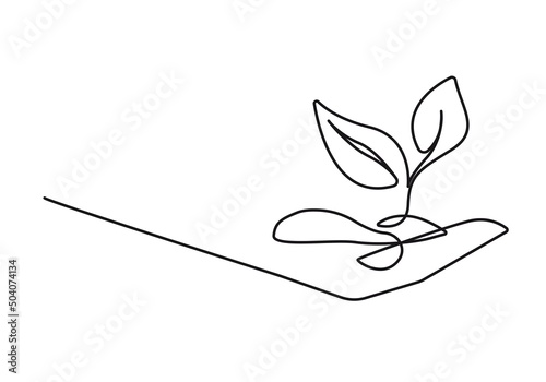 Continuous One Line Drawing of Simple Hand with Sprout Leaves Black Sketch Isolated on White Background. Ecology Concept. Leaves in Hand Line Art Vector Drawing.