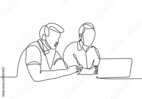 Business People Group in Office Trendy Line Art Drawing. Business Concept Minimalistic Black Lines Drawing on White Background. Workers Modern Design. Vector EPS 10	