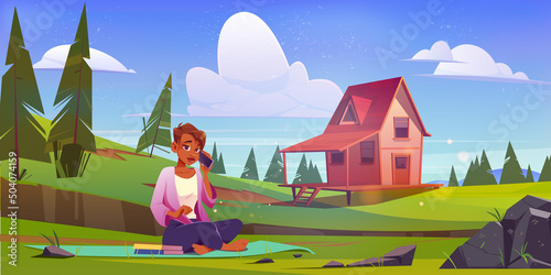 Woman with smartphone relax on summer nature landscape with wooden stilt house on lawn. Cartoon female character enjoying outdoor recreation at meadow with countryside cottage, Vector illustration