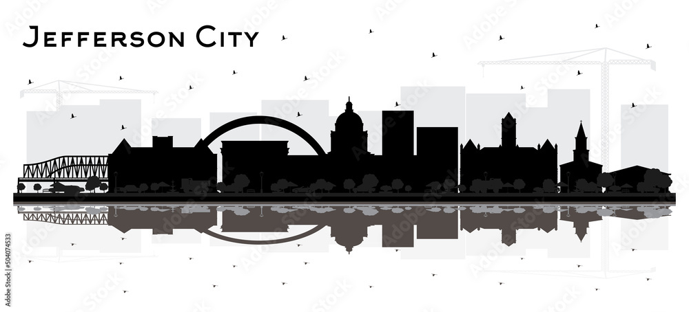 Jefferson City Missouri Skyline Silhouette with Black Buildings and Reflections Isolated on White.