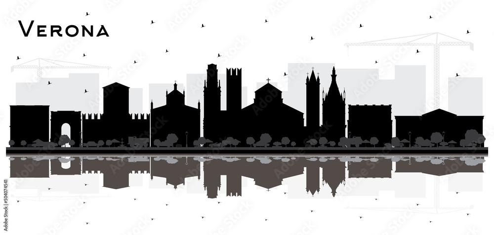 Verona Italy City Skyline Silhouette with Black Buildings and Reflections Isolated on White.