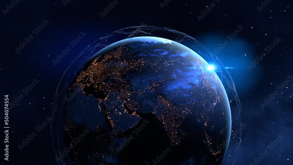 Tech earth globalization in 3d animation. Global Business dots on rotating planet. Tech earth globalization in 3d animation. Global Business dots on rotating planet.