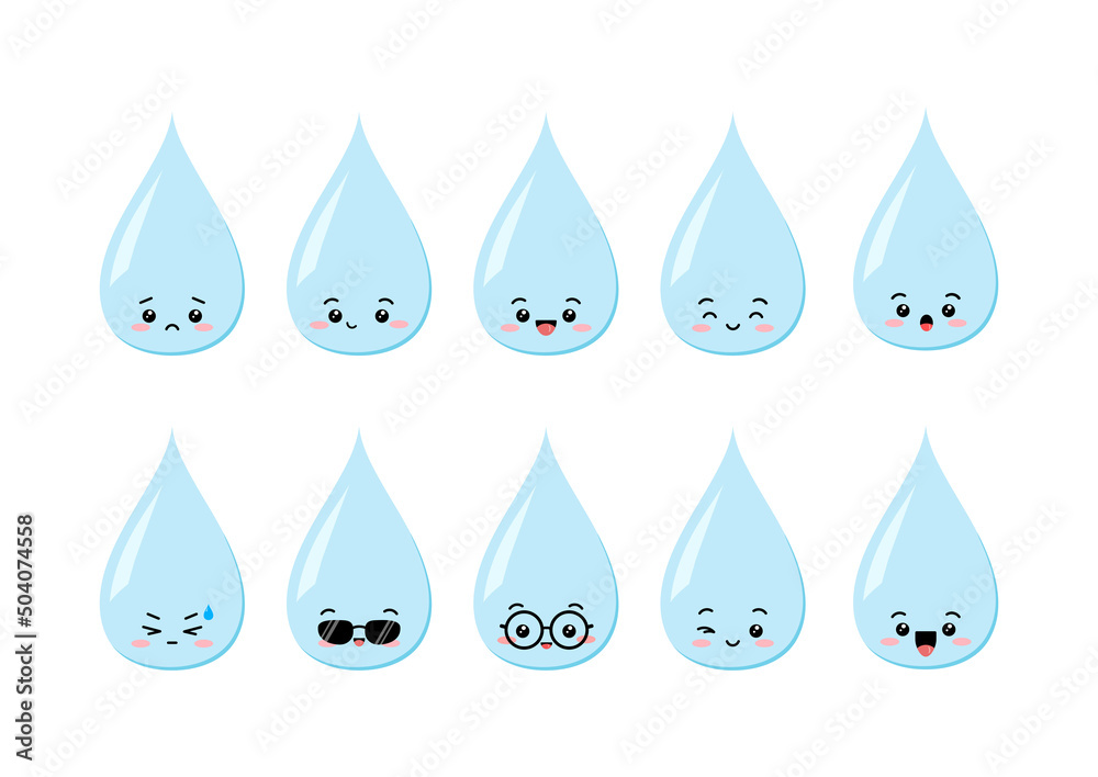 Cute water drop character set. Raindrop shape mascot with face. Kawaii aqua funny, sad, winking, in eyeglasses, sunglasses emoji icon collection. Vector cartoon illustration isolated on white. Cute water drop character set. Raindrop shape mascot with face. Kawaii aqua funny, sad, winking, in eyeglasses, sunglasses emoji icon collection. Vector cartoon illustration isolated on white.