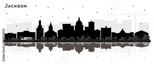 Jackson Mississippi City Skyline Silhouette with Black Buildings and Reflections Isolated on White.