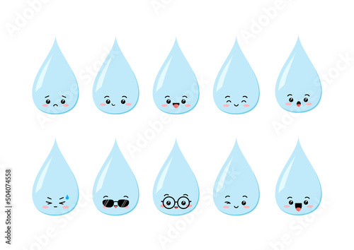 Cute water drop character set. Raindrop shape mascot with face. Kawaii aqua funny, sad, winking, in eyeglasses, sunglasses emoji icon collection. Vector cartoon illustration isolated on white.