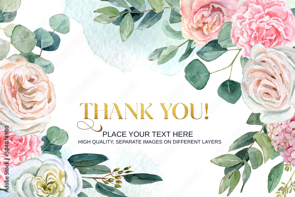 Beautiful watercolor floral frame background. Thank you card Stock ...