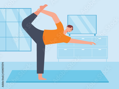 Man in yoga pose. Indoor yoga exercise. Yoga vector illustration.