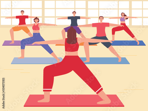 Yoga activity in sport gym with coach. Indoor activity. Yoga vector illustration.