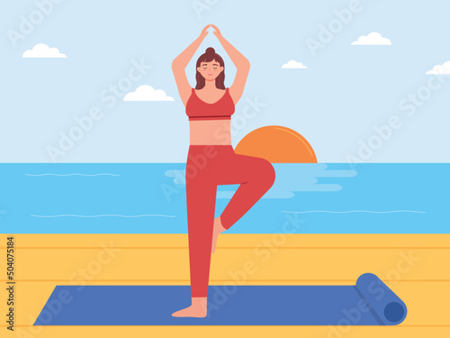Woman exercising yoga on the beach. Outdoor sports. Yoga vector illustration.	