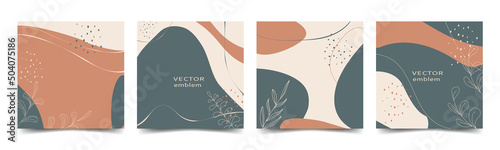 Set of abstract flyers. Vector background with leaves, doodle hand drawn object shape for social media publication, promotion, advertising. Place for your text.