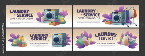 Laundry service advertising posters with automatic washing machine, detergents in bottles, dirty clothes in basket and clean towels stacks. Vector banners of public launderette room, washhouse