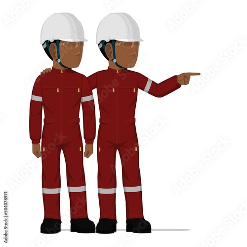 A worker is telling his friend to look at something