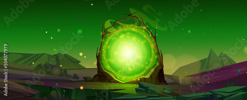 Night scene with magic portal, fantastic energy door to alien world. Vector game background with cartoon fantasy illustration of mountain landscape with mystic green glowing in wooden frame