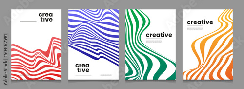 Abstract gradient dynamic warp wavy curve striped poster background vector collection. Presentation report banner, magazine, social media, creative album art cover layout template.