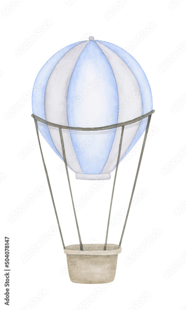 Baby boy blue air ballon watercolor illustration. Cute hand drawn baby shower design element. Isolated clipart element on white background. Baby boy blue air ballon watercolor illustration. Cute hand drawn baby shower design element. Isolated clipart element on white background.