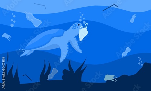 Vector graphics illustration of a turtle eating a plastic bag. Swimming surrounded by bottles and plastic waste. in the concept of plastic waste pollution in the sea.