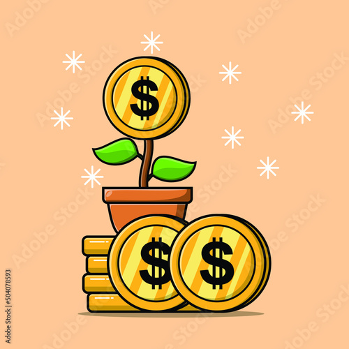 Flower money standing in the stacking gold cryptocurrency coins isolated flat cartoon illustration