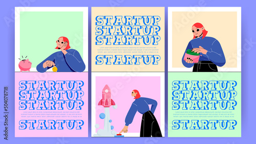 Start up posters with woman lost money, boost new business and earn cash. Vector vertical banners of success project, startup with illustration of girl creative entrepreneur