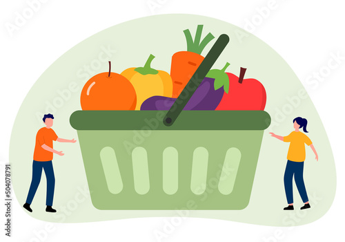 Man and woman with shopping basket full of fruits and vegetables in flat design. Healthy groceries.