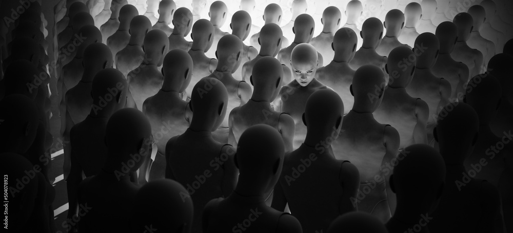 Obraz premium Angry Rebel Women Unique Leader Figure Individuality Dystopian Crowd of People 3d illustration render